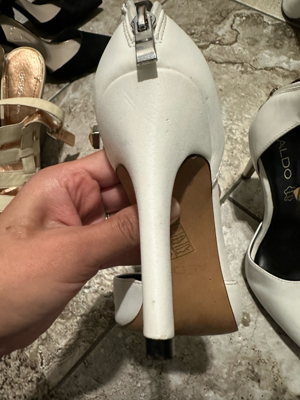 Aldo White Pointed-Toe Ankle Strap Heels with Gold Stud Detail - Picture 5 of 6
